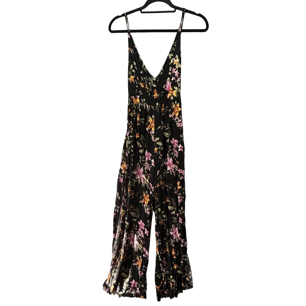 American Eagle Womens Floral Wide Leg Jumpsuit Black Pink XSโ V-Neck Tie Back